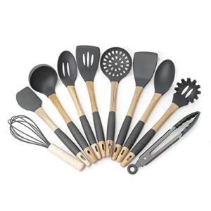 ranit 10 pieces of silicone kitchenware set,wooden handle non-stick pot cooking tool set,kitchen utensils household cooking spoon shovel kitchenware set (gray)