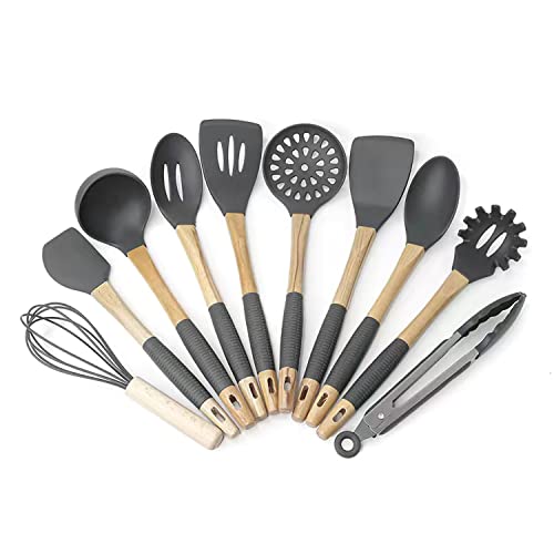 RANIT 10 pieces of silicone kitchenware Set,Wooden handle Non-stick pot cooking tool set,Kitchen Utensils Household Cooking Spoon Shovel Kitchenware Set (Gray)