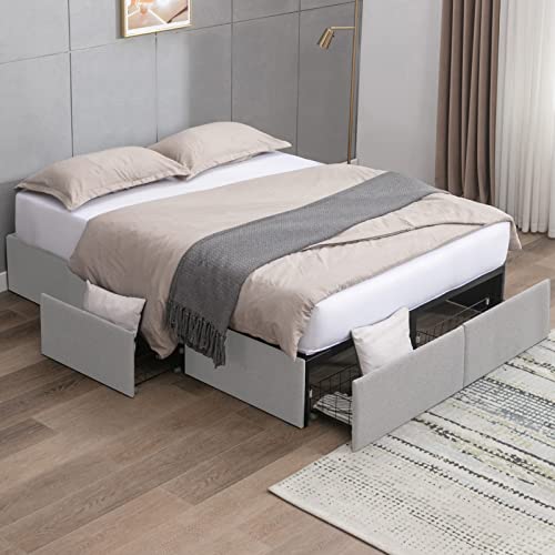 Mjkone California King Size Bed Frame with 4 Storage Drawers,Upholstered Platform Metal Bed with Premium Linen Fabric,Cal King Bed Base Frame with Metal Support,Easy Assembly/Space Saving-Light Grey