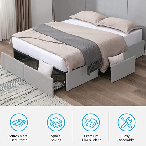 Mjkone California King Size Bed Frame with 4 Storage Drawers,Upholstered Platform Metal Bed with Premium Linen Fabric,Cal King Bed Base Frame with Metal Support,Easy Assembly/Space Saving-Light Grey