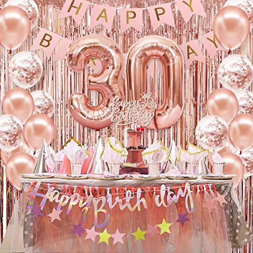 30th Birthday Decorations for Women, Rose Gold 30 Birthday Decorations for Her, Happy 30th Birthday Banner, Crown, Sash, Cake Topper and Number Balloon, 30th Birthday Party Supplies for Women