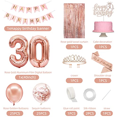 30th Birthday Decorations for Women, Rose Gold 30 Birthday Decorations for Her, Happy 30th Birthday Banner, Crown, Sash, Cake Topper and Number Balloon, 30th Birthday Party Supplies for Women