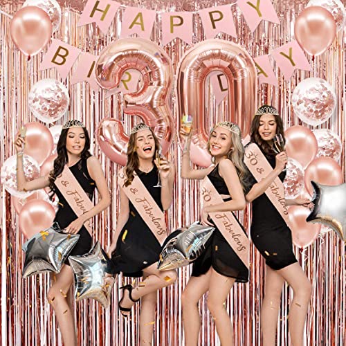 30th Birthday Decorations for Women, Rose Gold 30 Birthday Decorations for Her, Happy 30th Birthday Banner, Crown, Sash, Cake Topper and Number Balloon, 30th Birthday Party Supplies for Women