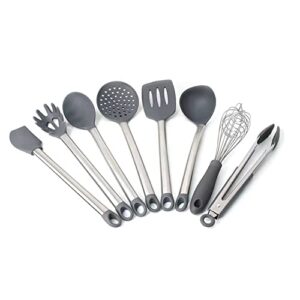 ranit high temperature silicone kitchenware 8-piece set, stainless steel handle silicone spatula, food clip, egg whisk, scraper set (gray)