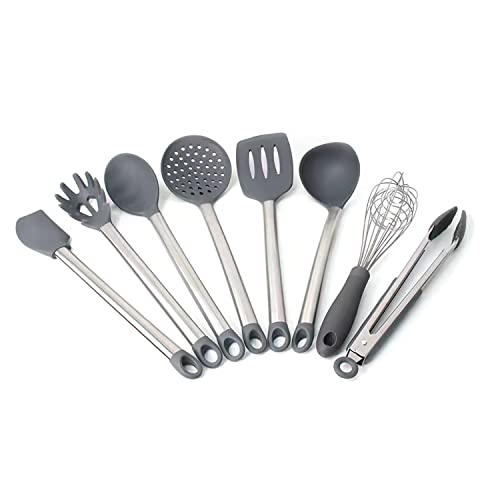 RANIT High Temperature Silicone Kitchenware 8-piece set, Stainless Steel Handle Silicone Spatula, Food Clip, Egg Whisk, Scraper Set (Gray)