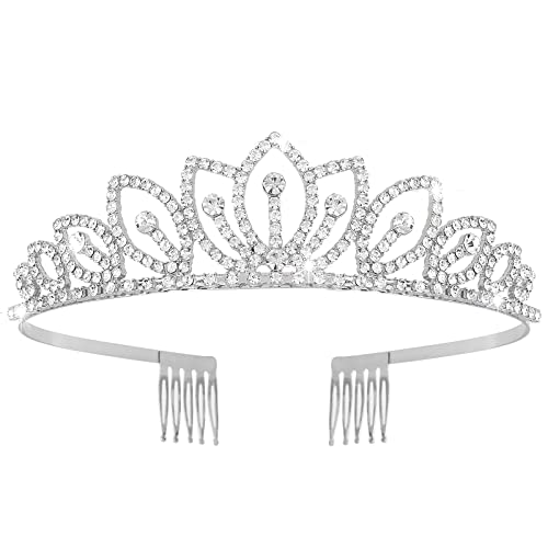 CURASA Silver Crystal Crowns with Comb Pretty Tiaras for Women Princess Crown for Girls Birthday Crown Tiara for Bridal Wedding Headband Quinceanera Prom Costume Elegant Hair Accessories for Women