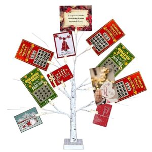 dewbin money tree gift holder, 24" 2ft lighted birch trees stands with leds, battery powered timer with 12 clear clips, display card photo lottery for christmas, birthday, wedding, graduation (white)
