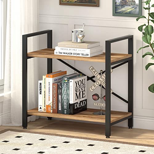 BON AUGURE Small Bookshelf for Small Space, Industrial 2 Tier Wood Metal Bookcase, Rustic Short Book Shelf for Living Room, Bedroom and Office (Vintage Oak)