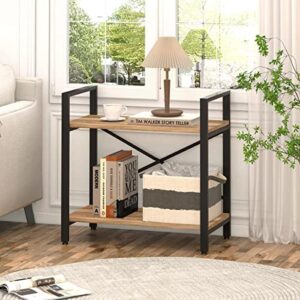 BON AUGURE Small Bookshelf for Small Space, Industrial 2 Tier Wood Metal Bookcase, Rustic Short Book Shelf for Living Room, Bedroom and Office (Vintage Oak)