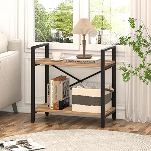 BON AUGURE Small Bookshelf for Small Space, Industrial 2 Tier Wood Metal Bookcase, Rustic Short Book Shelf for Living Room, Bedroom and Office (Vintage Oak)