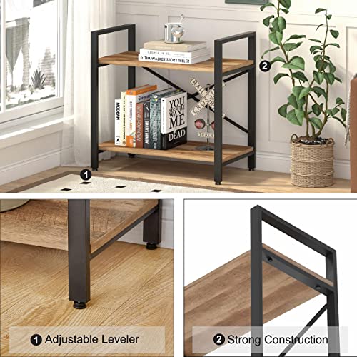 BON AUGURE Small Bookshelf for Small Space, Industrial 2 Tier Wood Metal Bookcase, Rustic Short Book Shelf for Living Room, Bedroom and Office (Vintage Oak)