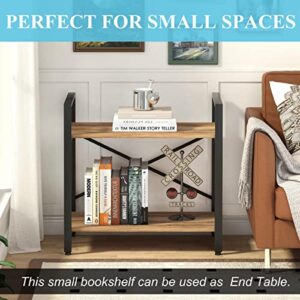 BON AUGURE Small Bookshelf for Small Space, Industrial 2 Tier Wood Metal Bookcase, Rustic Short Book Shelf for Living Room, Bedroom and Office (Vintage Oak)