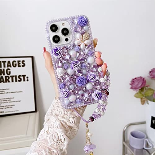 Threesee for Galaxy Note 10 Bling Floral Case,Luxury Crystal Rhinestone Flowers Glitter Diamond Pearl Women Girls Kids Case Cover with Lanyard for Samsung Galaxy Note 10