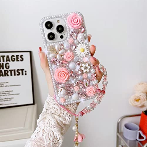 Threesee for Galaxy Note 10 Plus Bling Case,Luxury Crystal Rhinestone Flowers Glitter Diamond Pearl Women Girls Kids Case Cover with Lanyard for Samsung Galaxy Note 10 Plus
