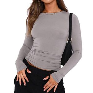 women's casual basic crop tops slim fit long sleeve crew neck solid color fall pullover shirts tight tee (light grey, s)
