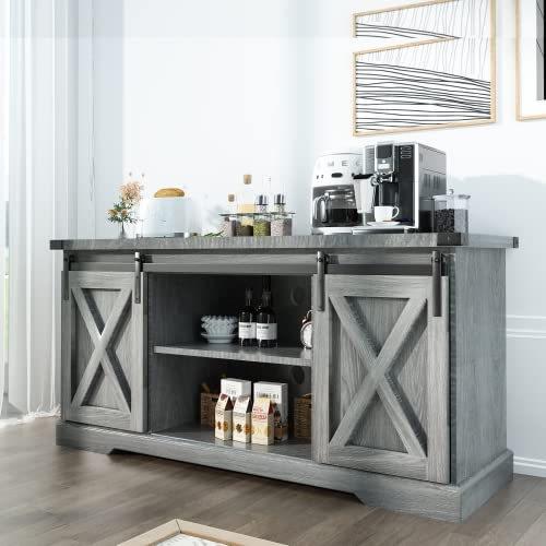 Squireewo Farmhouse Buffet Cabinet Sideboard with Sliding Barn Doors, Rustic Coffee Bar Cabinet Server with Storage and Adjustable Shelves, Cupboard Table for Kitchen Dining Room Living Room, Grey