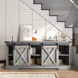 Squireewo Farmhouse Buffet Cabinet Sideboard with Sliding Barn Doors, Rustic Coffee Bar Cabinet Server with Storage and Adjustable Shelves, Cupboard Table for Kitchen Dining Room Living Room, Grey