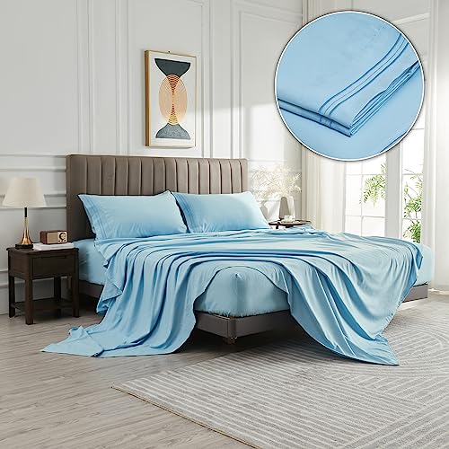 WOD FAMY Microfiber Full Size Bed Sheet Set Extra Soft Deep Pockets Luxury Hotel Light Blue Bed Sheets Breathable & Cooling Wrinkle Free 4 Piece Set Fulls Sheets