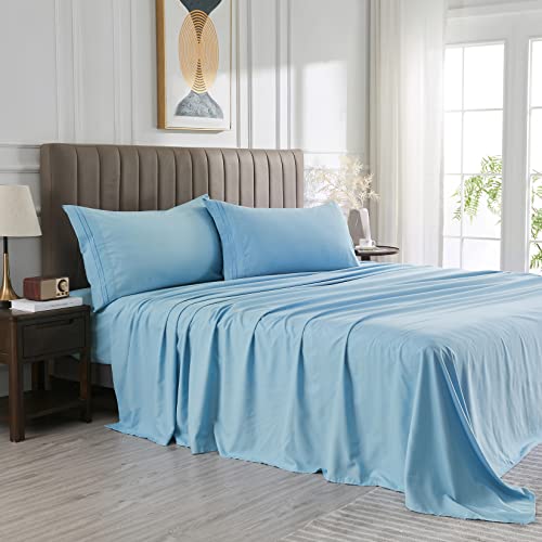 WOD FAMY Microfiber Full Size Bed Sheet Set Extra Soft Deep Pockets Luxury Hotel Light Blue Bed Sheets Breathable & Cooling Wrinkle Free 4 Piece Set Fulls Sheets