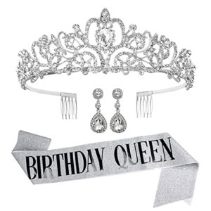 miucat birthday crowns for women, birthday sash and tiara for women, silver birthday queen sash and crowns for women girls birthday gift