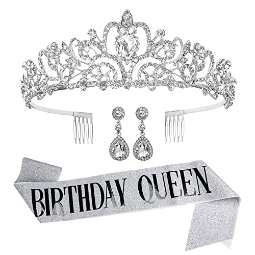 Miucat Birthday Crowns for Women, Birthday Sash and Tiara for Women, Silver Birthday Queen Sash and Crowns for Women Girls Birthday Gift