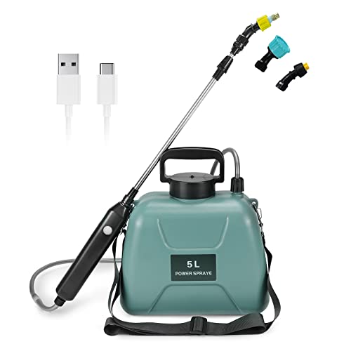 Toovem 5L Battery Powered Sprayer, Electric Sprayer with USB Rechargeable Handle, Potable Garden Sprayer with Telescopic Wand 2 Mist Nozzles and Adjustable Shoulder Strap (Blue)