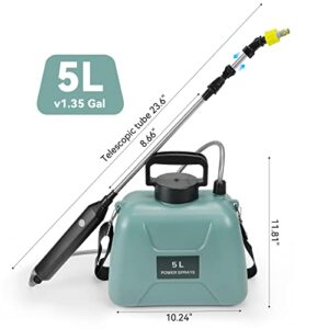 Toovem 5L Battery Powered Sprayer, Electric Sprayer with USB Rechargeable Handle, Potable Garden Sprayer with Telescopic Wand 2 Mist Nozzles and Adjustable Shoulder Strap (Blue)