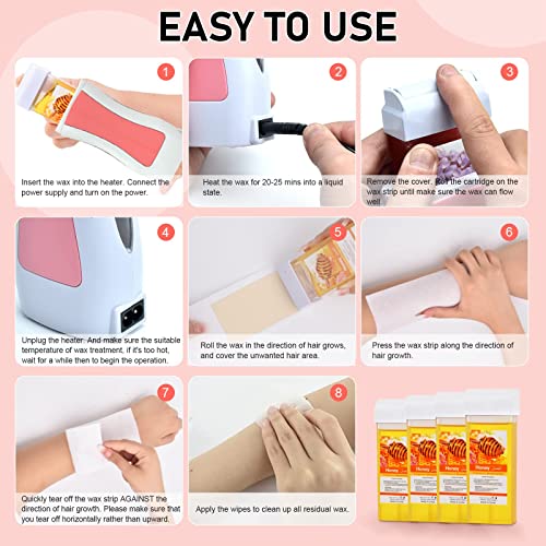 Roll On Wax, Honey Hair Removal Wax Cartridge, Depilatory Wax Roller Refill, Hair Removal Wax Roller, Wax Cartridge Refill for Body Waxing, Leg and Arms (4 Pack)