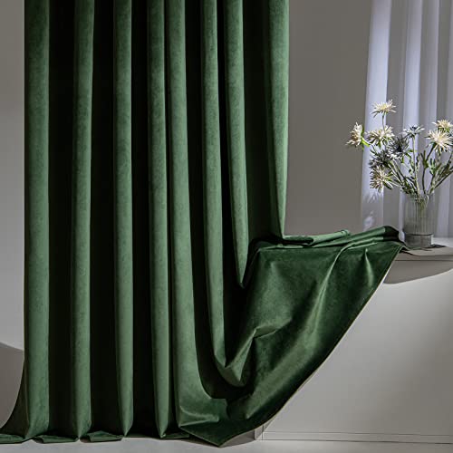 Woaboy 100% Blackout Dark Green Velvet Curtains-2 Panels 84 inch Completely Blackout Window Drapes Thermal Insulate 3 Layer Curtains with Black Liner for Bedroom Nursery Room, Grommet Top (52 * 84")