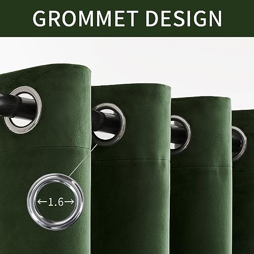 Woaboy 100% Blackout Dark Green Velvet Curtains-2 Panels 84 inch Completely Blackout Window Drapes Thermal Insulate 3 Layer Curtains with Black Liner for Bedroom Nursery Room, Grommet Top (52 * 84")