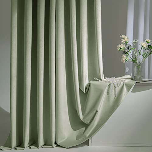 Woaboy 100% Blackout Light Sage Velvet Curtains-2 Panels 84 inch Completely Blackout Window Drapes Thermal Insulate 3 Layer Curtains with Black Liner for Bedroom Nursery Room, Grommet Top (52 * 84")