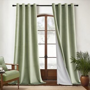 Woaboy 100% Blackout Light Sage Velvet Curtains-2 Panels 84 inch Completely Blackout Window Drapes Thermal Insulate 3 Layer Curtains with Black Liner for Bedroom Nursery Room, Grommet Top (52 * 84")