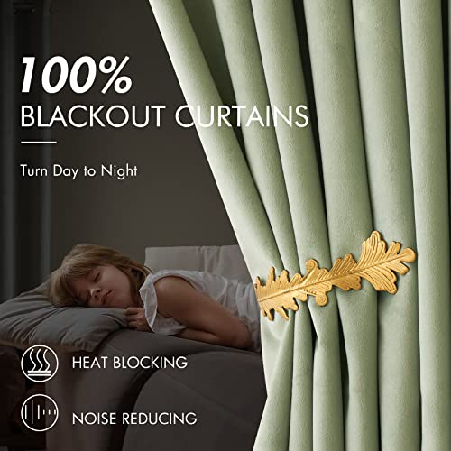 Woaboy 100% Blackout Light Sage Velvet Curtains-2 Panels 84 inch Completely Blackout Window Drapes Thermal Insulate 3 Layer Curtains with Black Liner for Bedroom Nursery Room, Grommet Top (52 * 84")