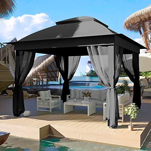 Joyside 11'x11' Pop Up Gazebo for Patios Gazebo Canopy Tent with Sidewalls Outdoor Gazebo with Mosquito Netting Pop Up Canopy Shelter Wedding Tent (Black)