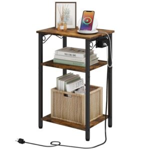 hoctieon end table with charging station, 3 tier nightstand with storage shelf, side table with usb ports and outlets, bedside table for living room, bedroom, steel frame, rustic brown