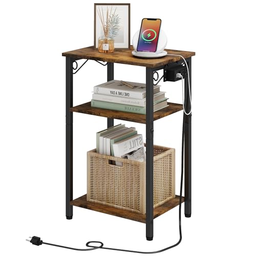 Hoctieon End Table with Charging Station, 3 Tier Nightstand with Storage Shelf, Side Table with USB Ports and Outlets, Bedside Table for Living Room, Bedroom, Steel Frame, Rustic Brown