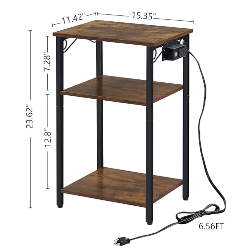 Hoctieon End Table with Charging Station, 3 Tier Nightstand with Storage Shelf, Side Table with USB Ports and Outlets, Bedside Table for Living Room, Bedroom, Steel Frame, Rustic Brown
