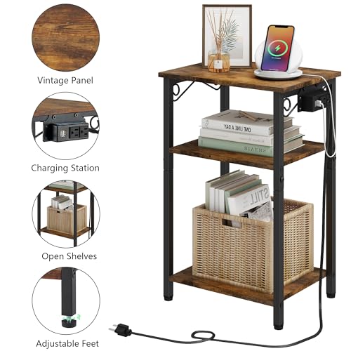 Hoctieon End Table with Charging Station, 3 Tier Nightstand with Storage Shelf, Side Table with USB Ports and Outlets, Bedside Table for Living Room, Bedroom, Steel Frame, Rustic Brown