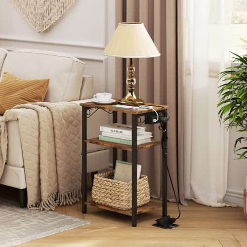 Hoctieon End Table with Charging Station, 3 Tier Nightstand with Storage Shelf, Side Table with USB Ports and Outlets, Bedside Table for Living Room, Bedroom, Steel Frame, Rustic Brown