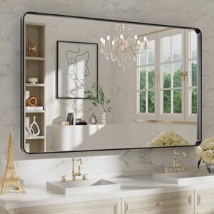 WEER 48X30 Inch Black Metal Framed Bathroom Mirror, Matte Black Bathroom Vanity Mirror, Rectangular Black Wall Mirror for Bathroom, Tempered Glass, Rounded Corner, Hangs Horizontal or Vertical