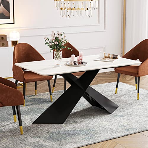 HERNEST 63 Inch White Sintered Stone Dining Table for 4-6, Modern Heavy Duty Dining Room Table with Marble Texture Table Top and Black X-Shaped Carbon Steel Pedestal Kitchen Table for Living Room