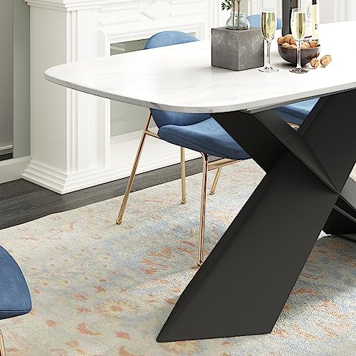 HERNEST 63 Inch White Sintered Stone Dining Table for 4-6, Modern Heavy Duty Dining Room Table with Marble Texture Table Top and Black X-Shaped Carbon Steel Pedestal Kitchen Table for Living Room