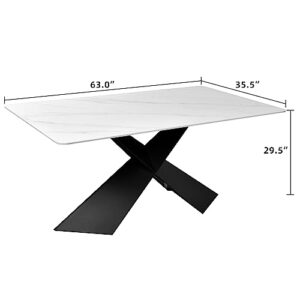 HERNEST 63 Inch White Sintered Stone Dining Table for 4-6, Modern Heavy Duty Dining Room Table with Marble Texture Table Top and Black X-Shaped Carbon Steel Pedestal Kitchen Table for Living Room