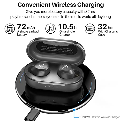 TOZO NC9 2022 Version Hybrid Active Noise Cancelling Wireless Earbuds Matte Black & TOZO W1 Wireless Charger 10W Black