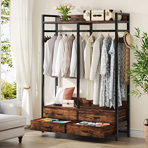 Tribesigns Freestanding Closet Organizer for Hanging Clothes, Heavy Duty Garment Rack with 4 Drawers, 8 Hooks and Storage Shelves, Wardrobe Closet Clothing Rack for Bedroom, Living Room, Rustic Brown