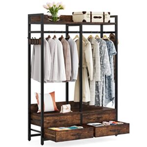 Tribesigns Freestanding Closet Organizer for Hanging Clothes, Heavy Duty Garment Rack with 4 Drawers, 8 Hooks and Storage Shelves, Wardrobe Closet Clothing Rack for Bedroom, Living Room, Rustic Brown