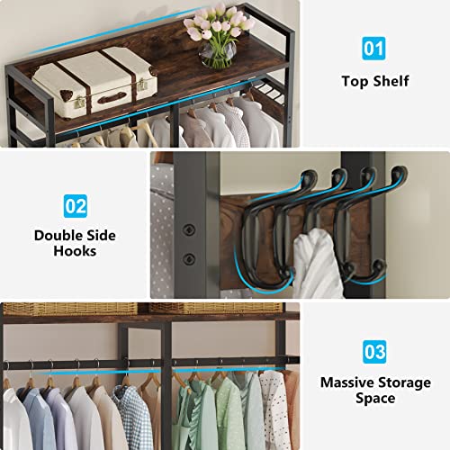 Tribesigns Freestanding Closet Organizer for Hanging Clothes, Heavy Duty Garment Rack with 4 Drawers, 8 Hooks and Storage Shelves, Wardrobe Closet Clothing Rack for Bedroom, Living Room, Rustic Brown