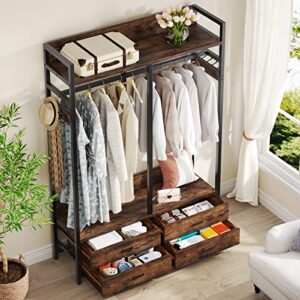 Tribesigns Freestanding Closet Organizer for Hanging Clothes, Heavy Duty Garment Rack with 4 Drawers, 8 Hooks and Storage Shelves, Wardrobe Closet Clothing Rack for Bedroom, Living Room, Rustic Brown