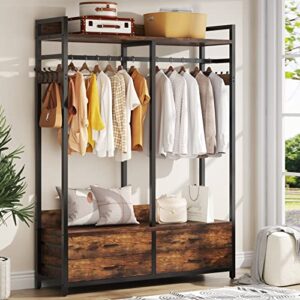 Tribesigns Freestanding Closet Organizer for Hanging Clothes, Heavy Duty Garment Rack with 4 Drawers, 8 Hooks and Storage Shelves, Wardrobe Closet Clothing Rack for Bedroom, Living Room, Rustic Brown