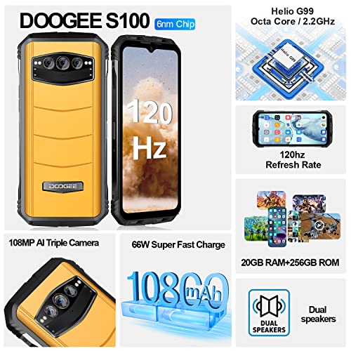 DOOGEE S100 Rugged Smartphone(2023), 20GB+256GB Dual 4G Gaming Rugged Phones Unlocked, 120Hz 6.58" Rugged Cell Phone, 66W Fast Charge, Dual Speakers, Android 12, 108MP Camera, Night Vision, NFC, OTG